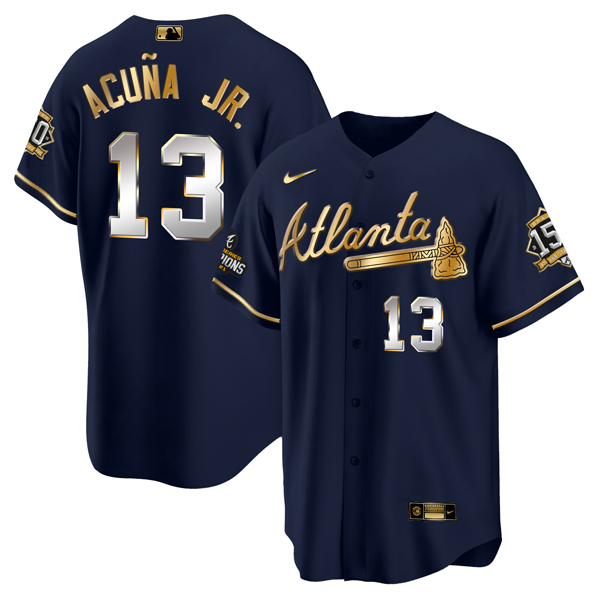 Men's Atlanta Braves #13 Ronald Acuña Jr. 2021 Navy/Gold World Series Champions With 150th Anniversary Patch Cool Base Stitched Jersey Men's Atlanta Braves #13 Ronald Acuña Jr. 2021 Navy/Gold World Series Champions With 150th Anniversary Patch Cool Base Stitched Jersey